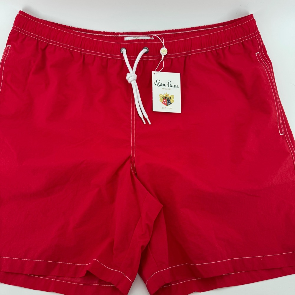 Alan‎ Paine Reston Plain Long Swim Shorts Mens XL Red ULS1963 Contrast Stitching